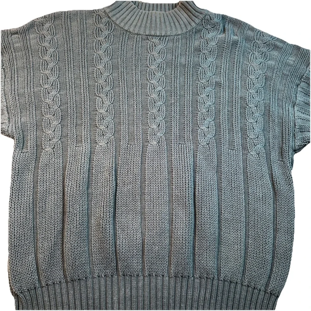 Henry Grethel Sweater Mens Medium Blue Grey Cable Knit Mock Neck Cotton Chunky